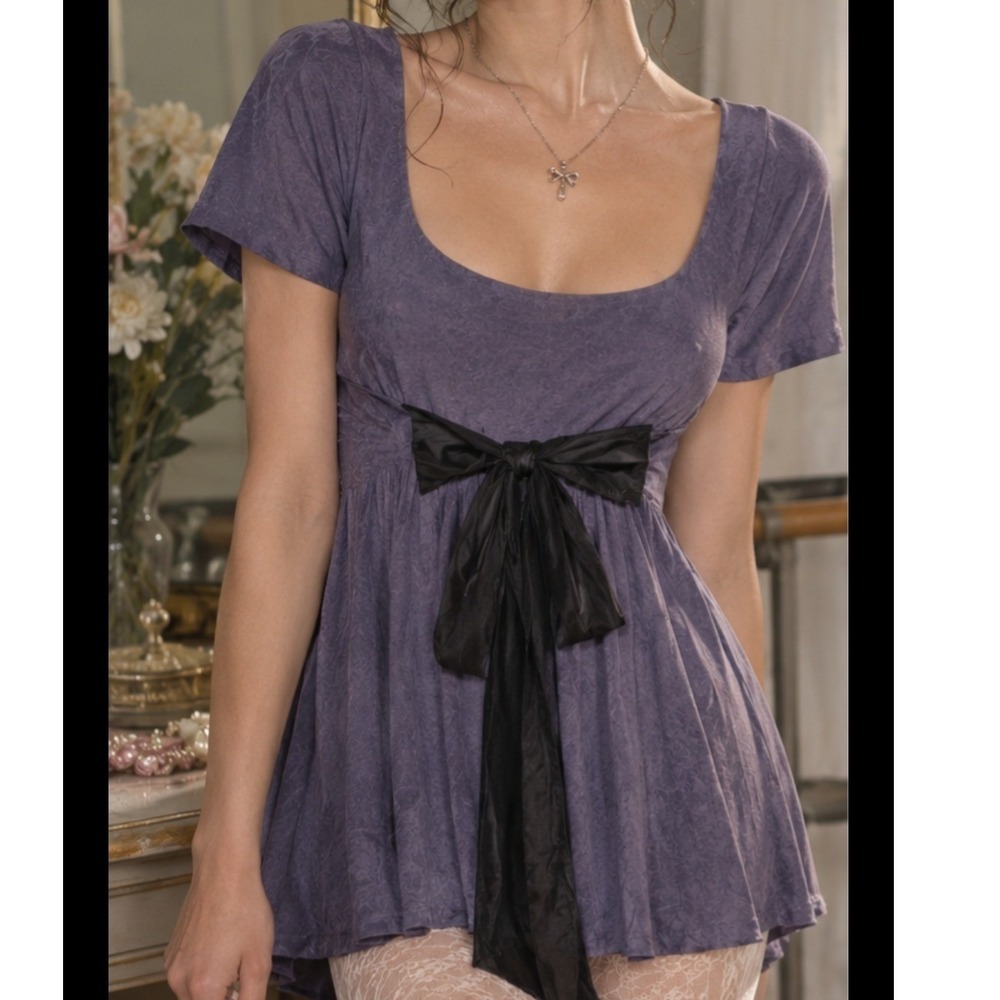 VELVET Graham Spencer Babydoll Tunic Top M Purple Silk Bow Balletcore Coquette